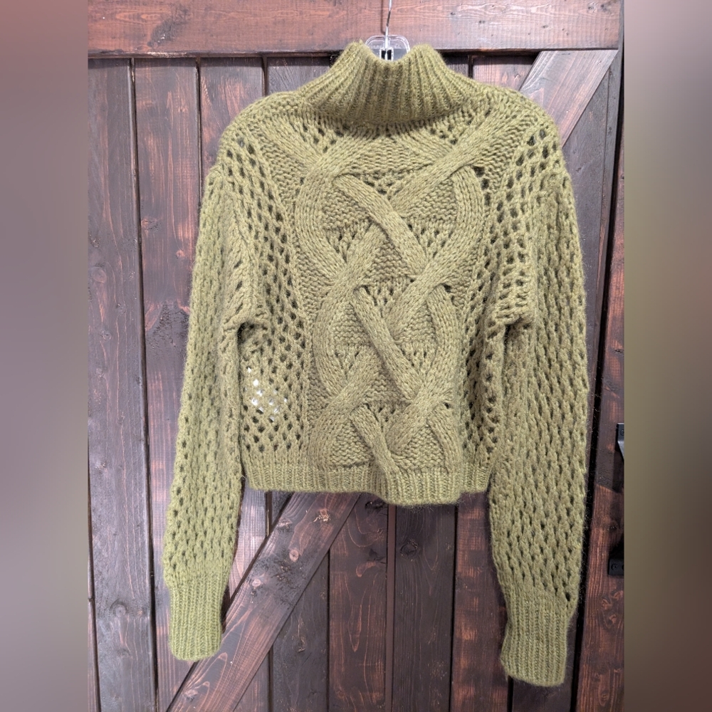 Gold Digger Denim, Olive Green Cable Knit Turtleneck Sweater - Picture 6 of 8